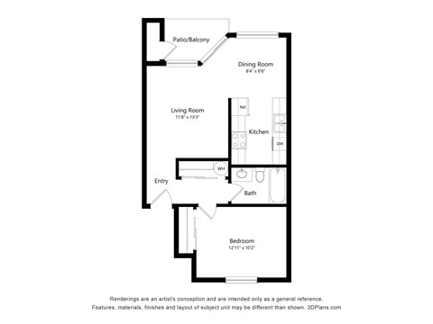 Floor plan for 1 bed, 1 bath